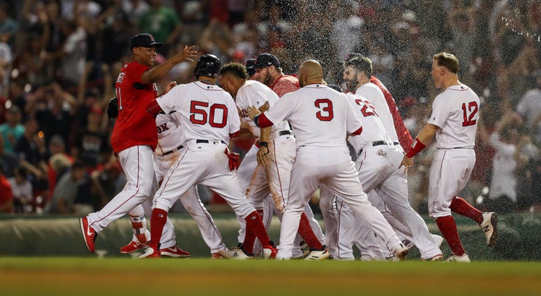 Red Sox celebrate walkoff win Red Sox celebrate walkoff win